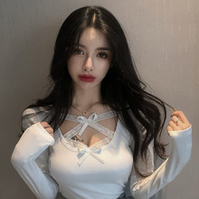 【91%好评率】T恤女春季新款蝴蝶结蕾丝交叉织带棉打底衫修身显瘦