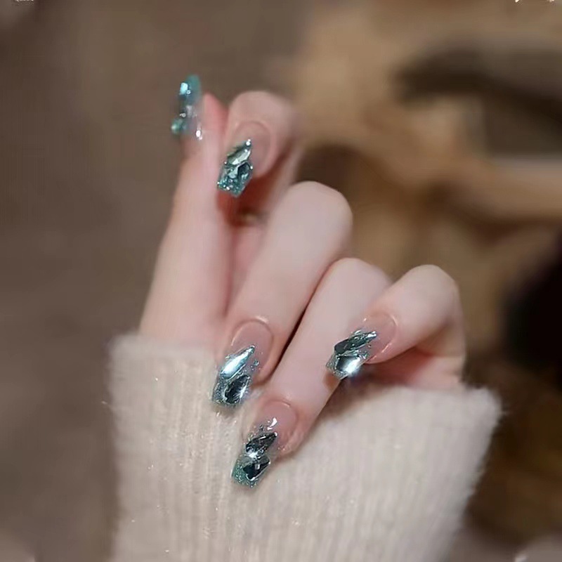 【艺禾】长t纯欲风爆款手工穿戴甲片人鱼眼泪爆闪湖蓝仙女美甲