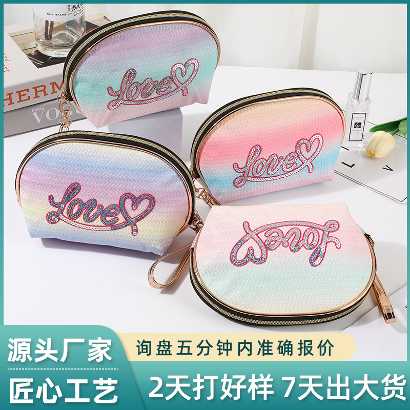 New Love Sequins Cosmetic Bag Portable Toiletries Storage Bag Large Capacity Travel Waterproof Zipper Bag