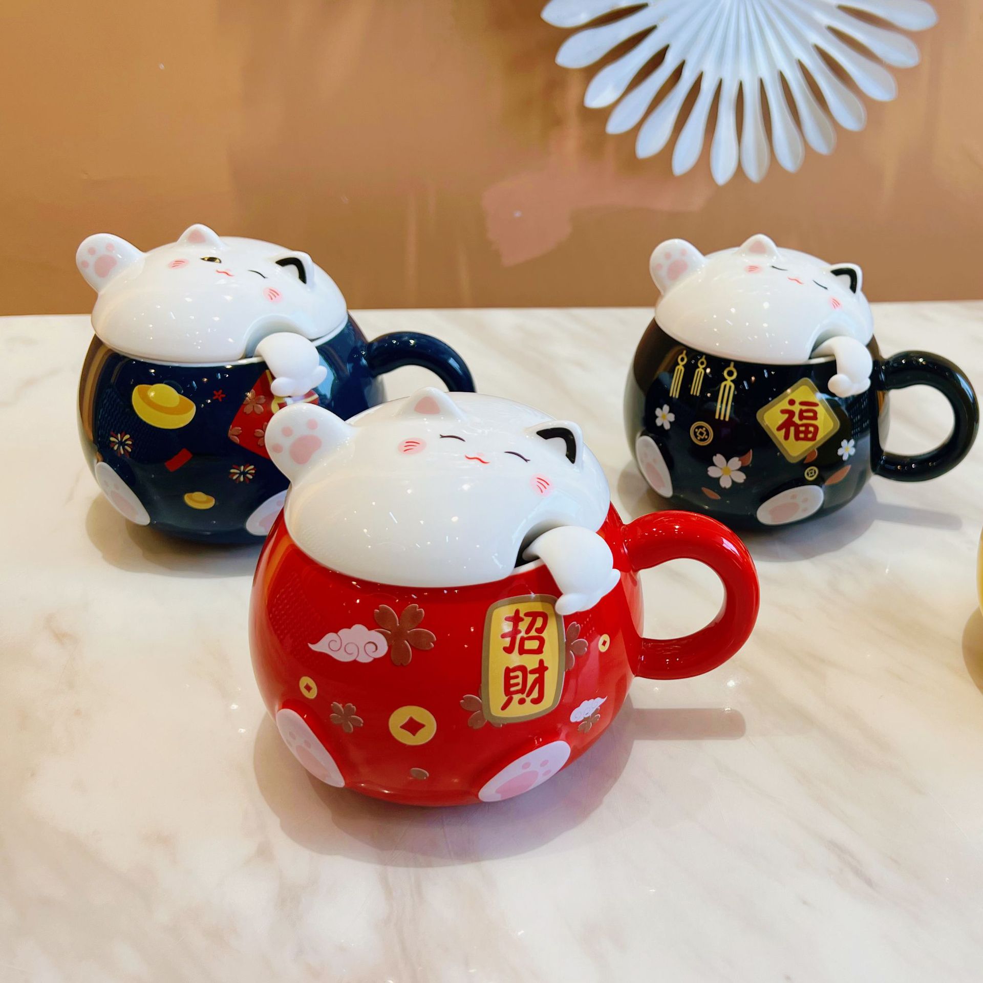 cute recruitment cai cat ceramic cup milk coffee cup office recruitment with cover household water cup