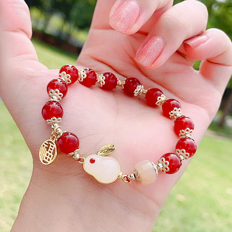 Natural Red Agate Beads Small Jade Rabbit Bracelet Female Rabbit Year of Birth Bracelet Jewelry New Year Gift Wholesale