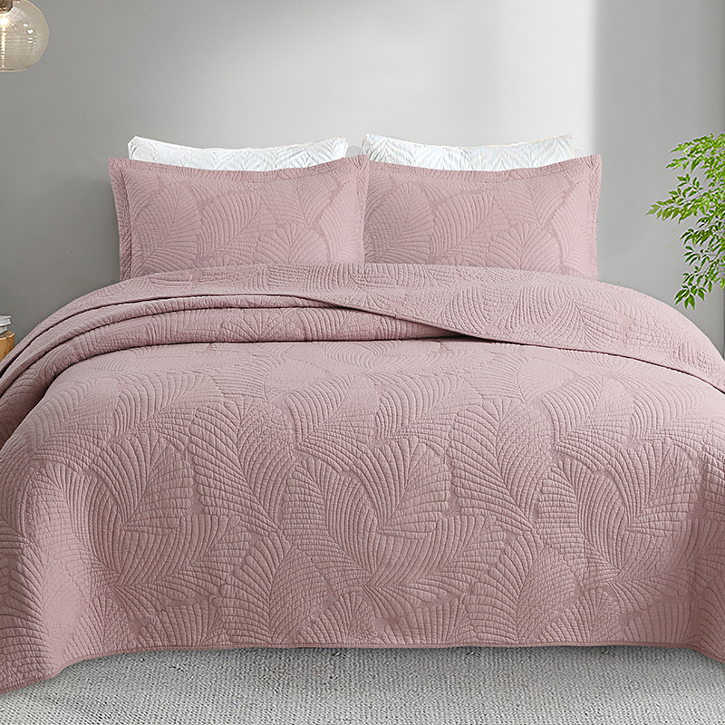欧美简约纯棉床盖三件套棕榈叶绣花衍缝被纯色水洗床笠床裙床单