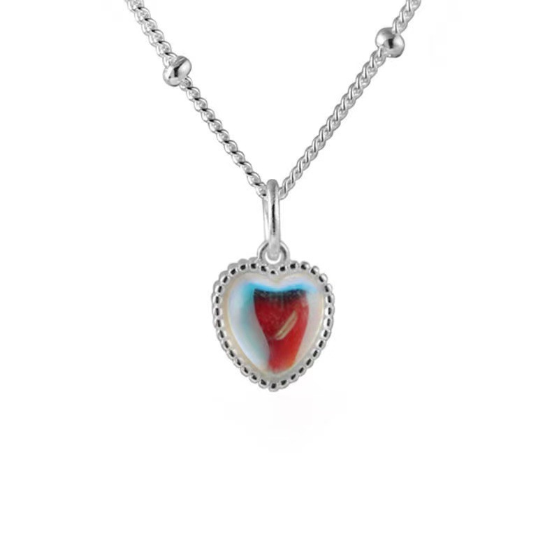 Gradient Colorful Stone Heart Clavicle Chain Women's Korean French Style Girlish Style Twin Moonstone Heart-Shaped Necklace Good Luck