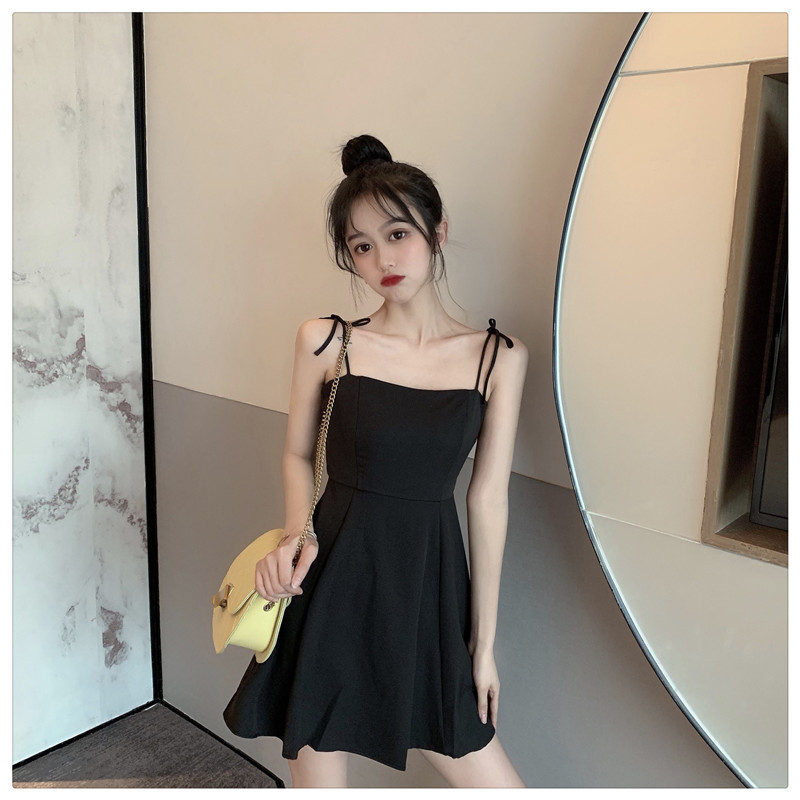 Black Slip Dress 2023 New Summer Tight Waist Slim Fit Ins Dress for Women Sweet A- line Short Skirt Trendy