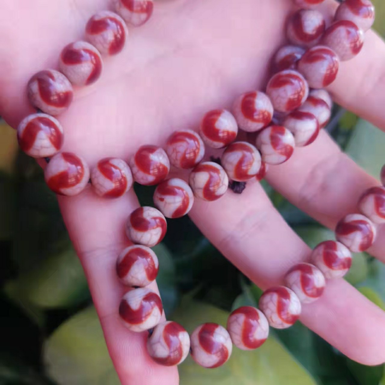 直播热爆红粉龙鳞凤血虎牙天珠血丝龙鳞纹散珠长条25颗手项链耳饰