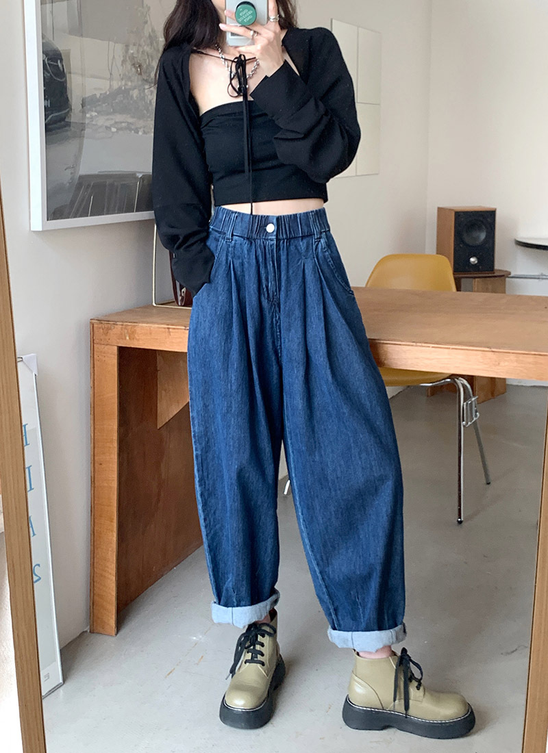 日系阔腿牛仔裤女2021新款百搭长裤松紧高腰宽松休闲萝卜裤