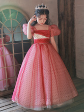 女童礼服裙洋气儿童主持人走秀钢琴演出服红色生日蓬蓬纱公主裙夏