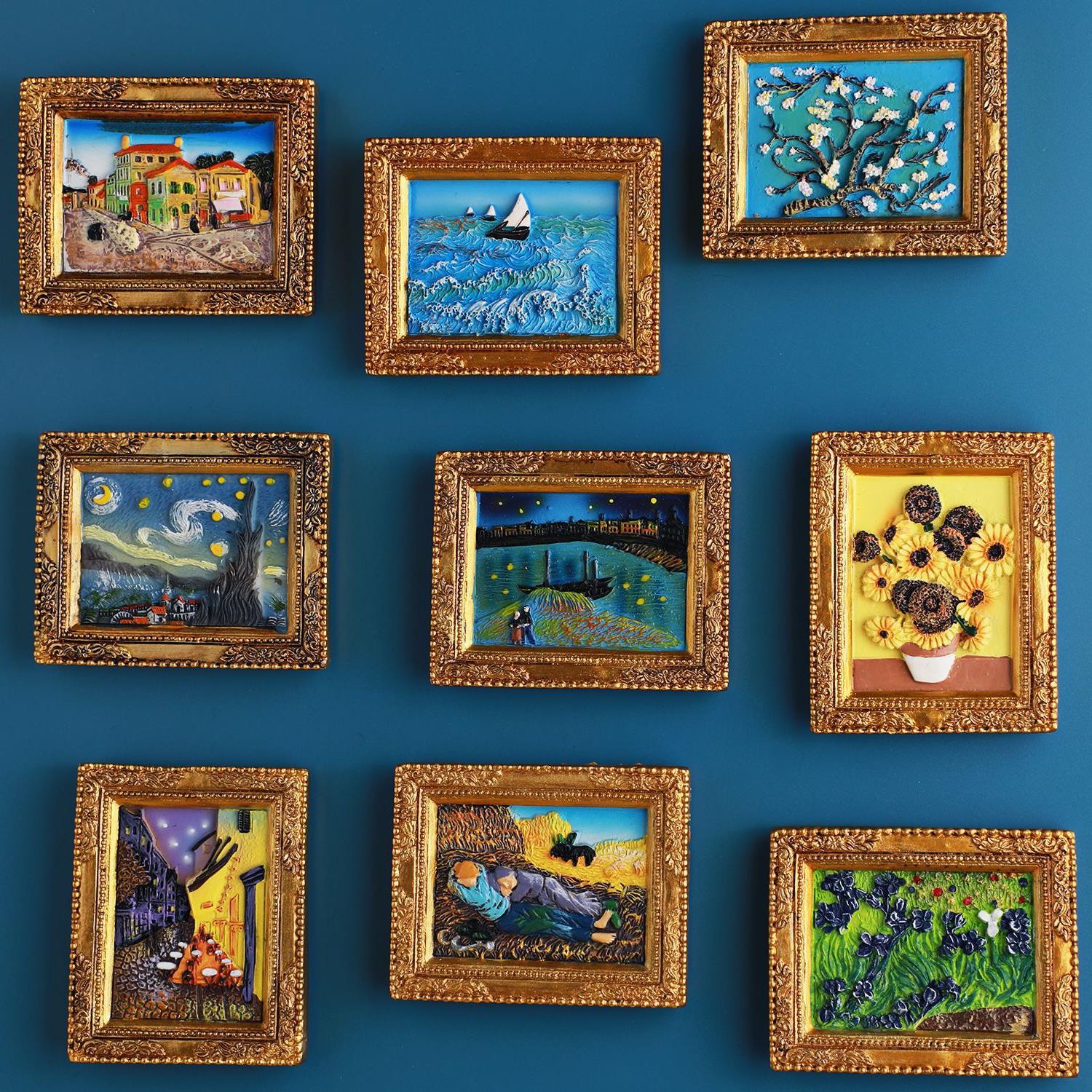 New Creative Three-Dimensional Simulation Photo Frame Small Oil Painting Decoration Large Magnetic Refrigerator Stickers European Van Gogh Mini Magnetic Stickers