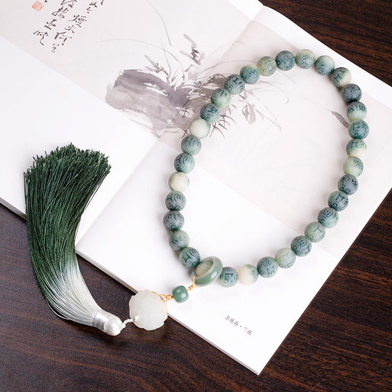 White Jade Bodhi Root Six Words Mantra Carving Handheld Bracelet Wholesale Men and Women Hand Toy Buddha Beads Bracelet TikTok Hot Selling Product