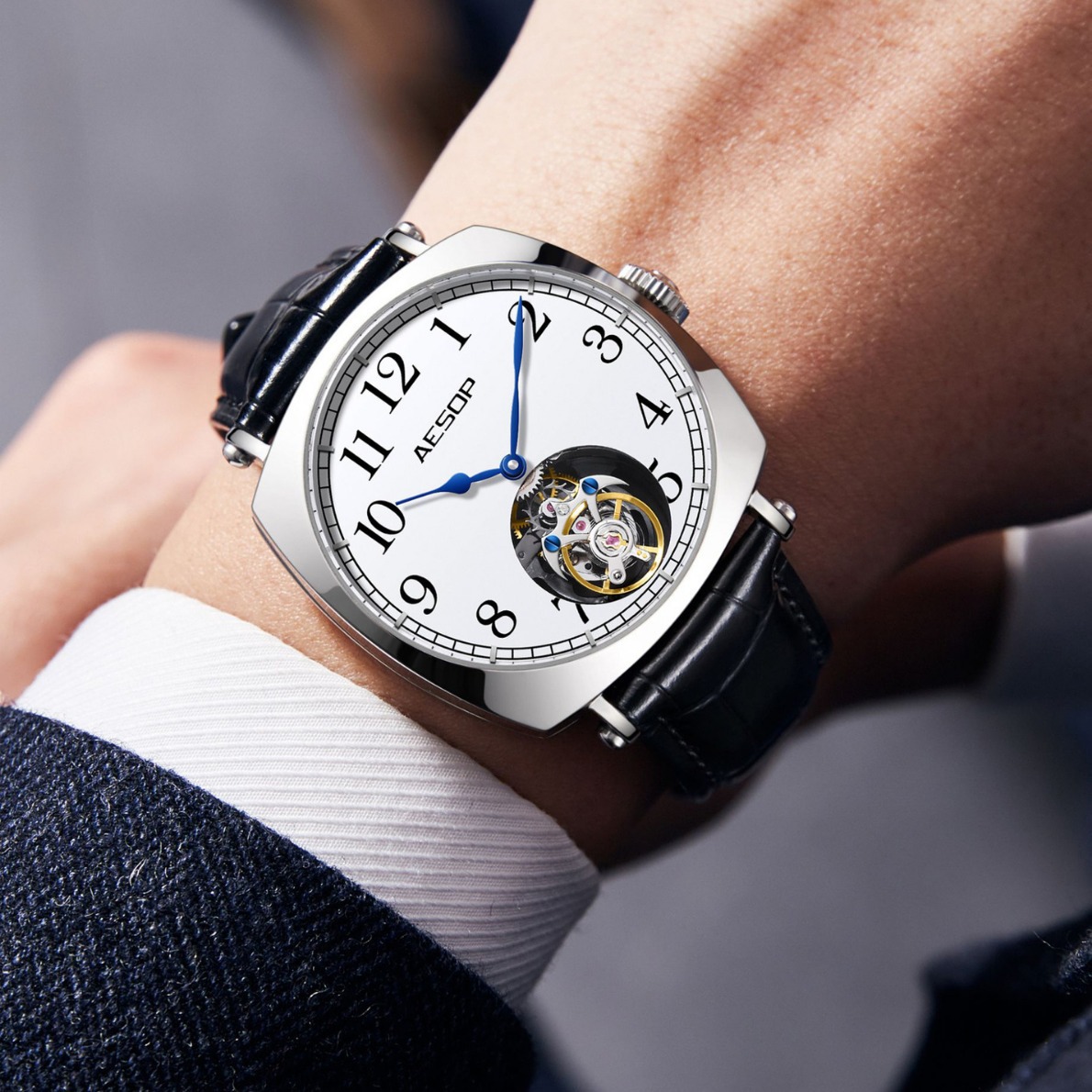 男式手表高级感机械表 瑞士方形真陀飞轮手表 皮带男表一件起批