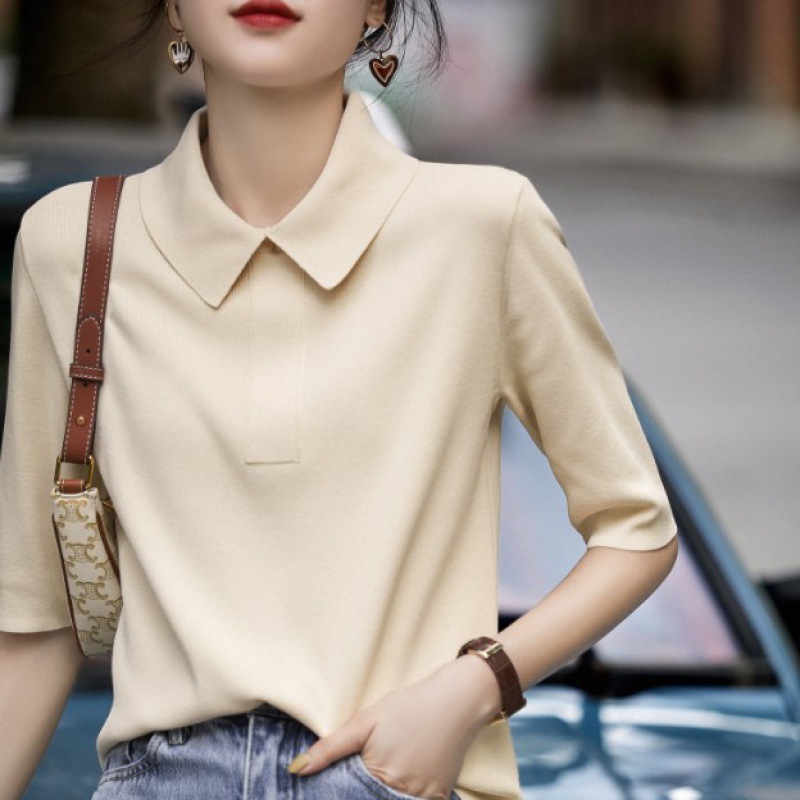 女装新款2024夏季都市风法式轻复古针织衬衫骨感气质纯色短袖T恤