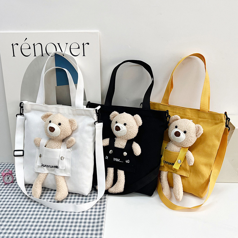 Factory Foreign Trade Large Capacity Cute Bear Canvas Bag Female 2023 Student Class Messenger Bag Literary Shoulder Bag