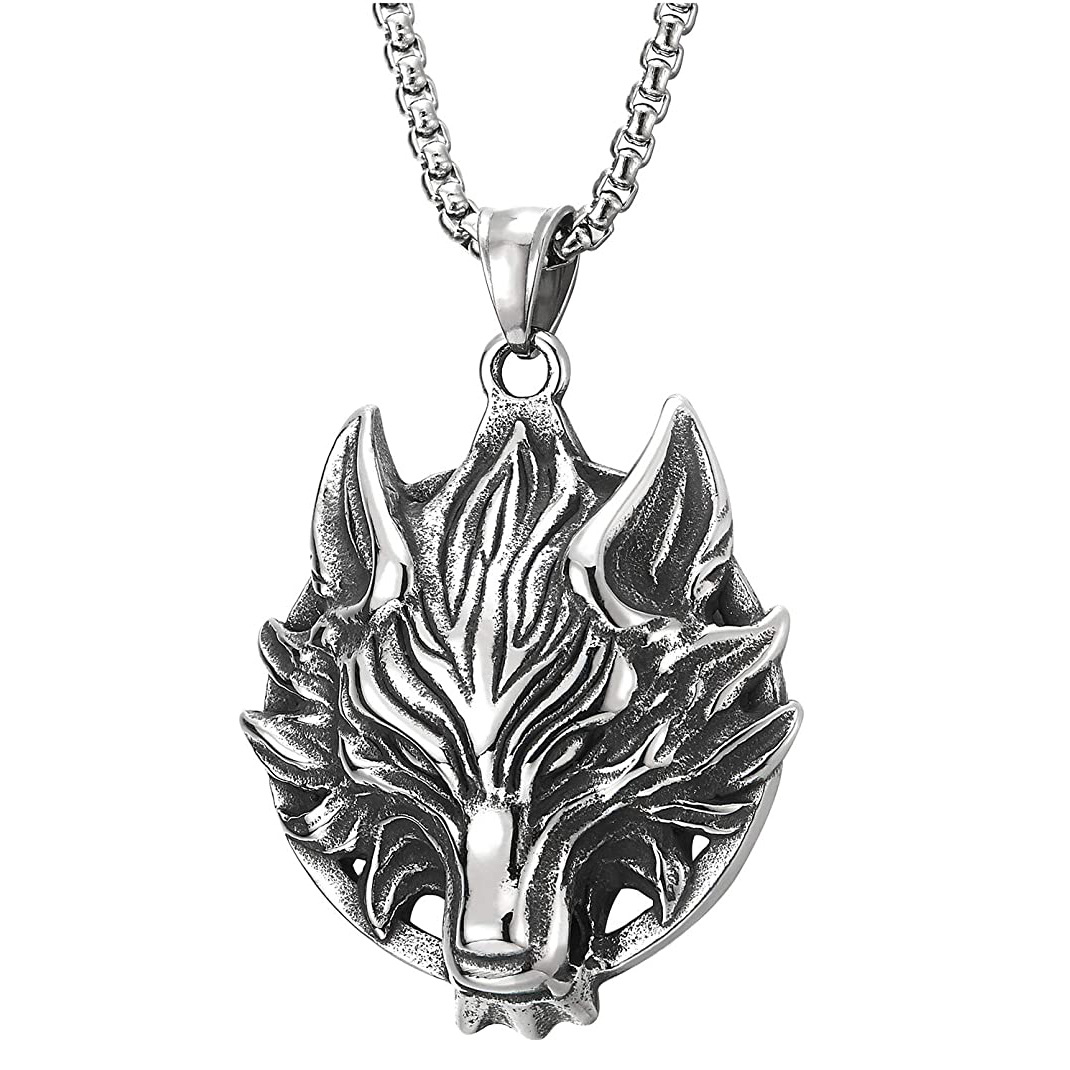 european and american stainless steel wolf head pendant necklace punk necklace men's trendy retro titanium steel wolf totem big wolf head tag