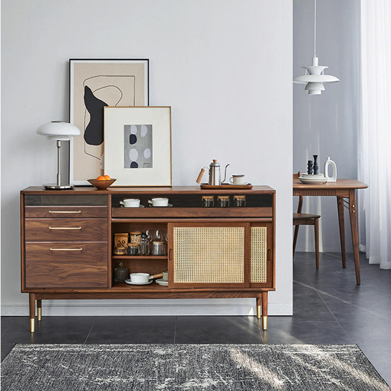 实木餐边柜北欧简约餐厅橱柜酒柜日式收纳储物柜子复古藤编茶水柜