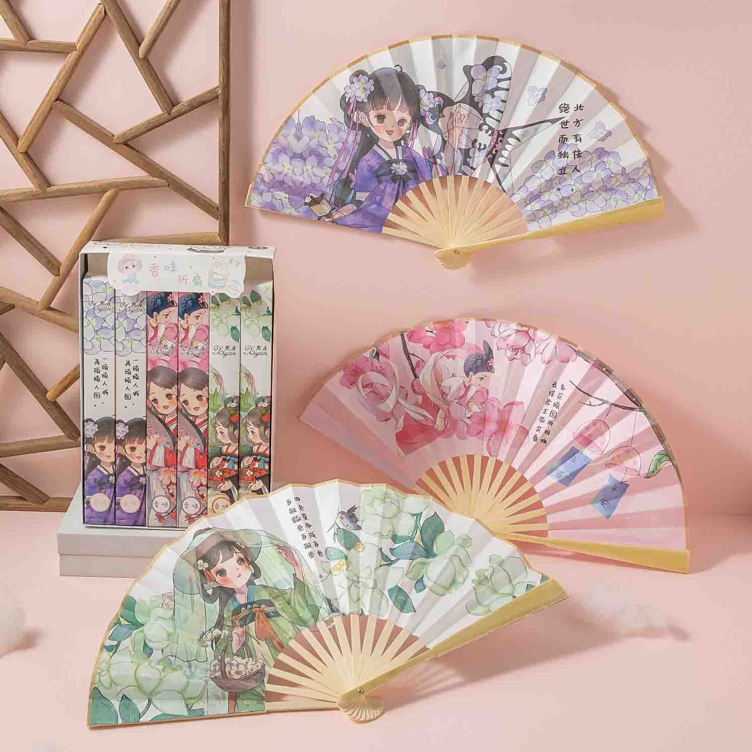 8-inch cartoon folding fan antique girl student fan wholesale double-sided silk cloth anime fan fragrance folding fan summer
