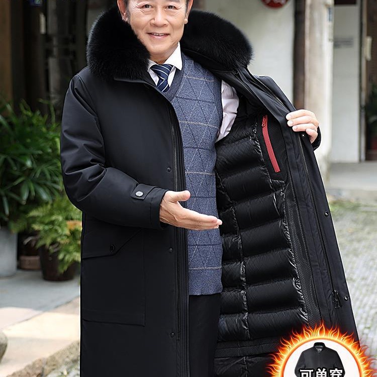 恒源祥东北加厚羽绒服男中老年长款过膝羽绒大衣爸爸冬装防寒外套
