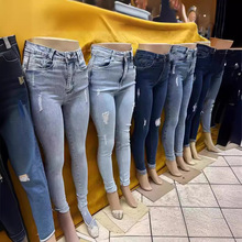 Ladies stretch jeans wholesale外贸出口女士高腰弹力小脚牛仔裤