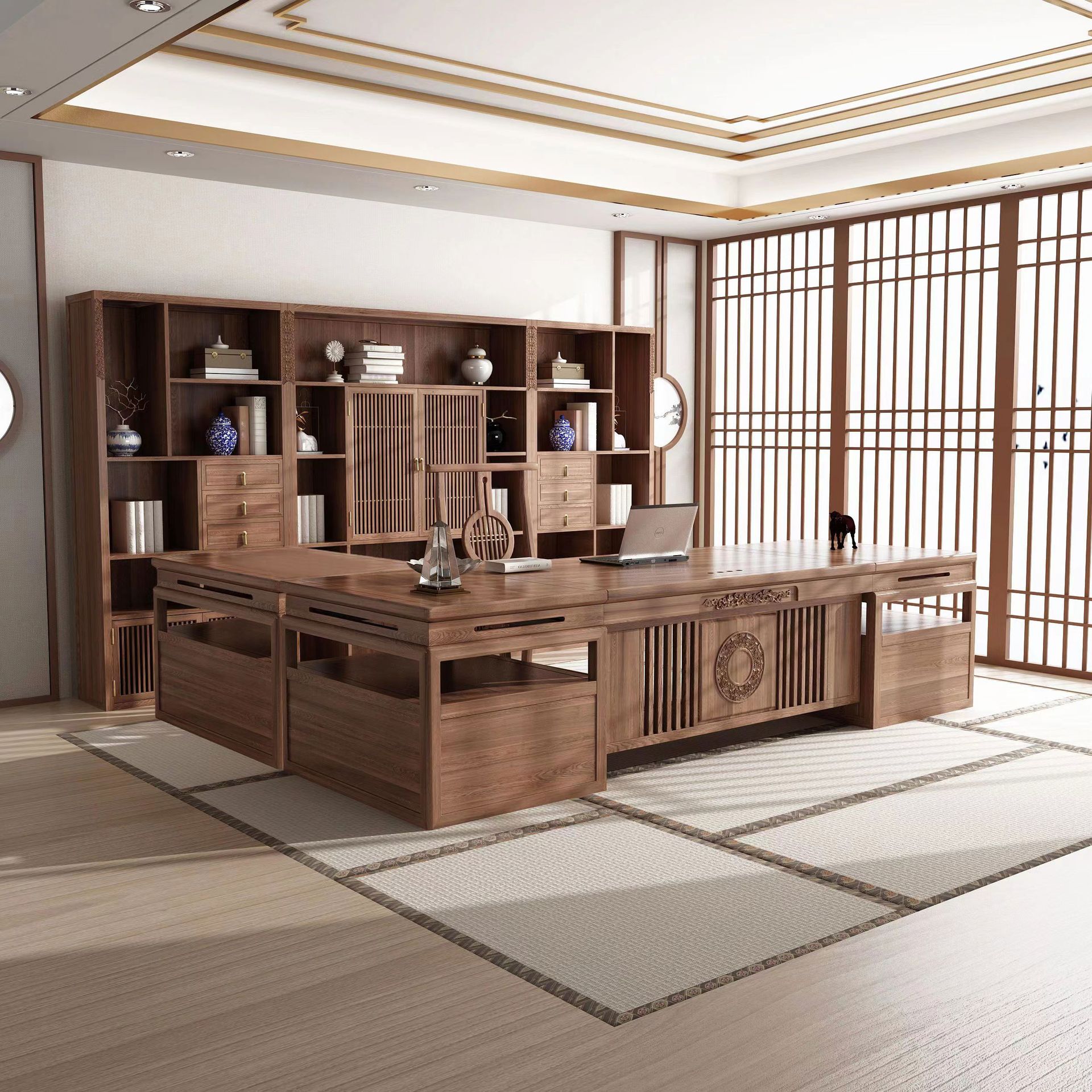 新中式办公桌老板桌椅组合实木大气总裁桌胡桃木大班台办公室家具