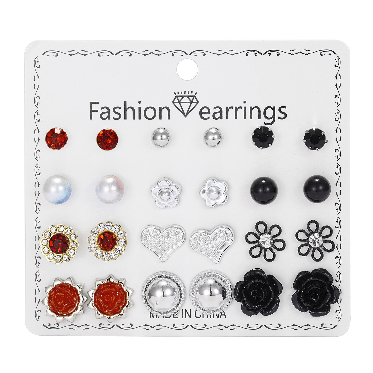 Factory Direct Sales New 12 Pairs Red, White and Black Love Heart Flowers Rhinestone Imitation Pearl Combination Card Stud Earrings Suit
