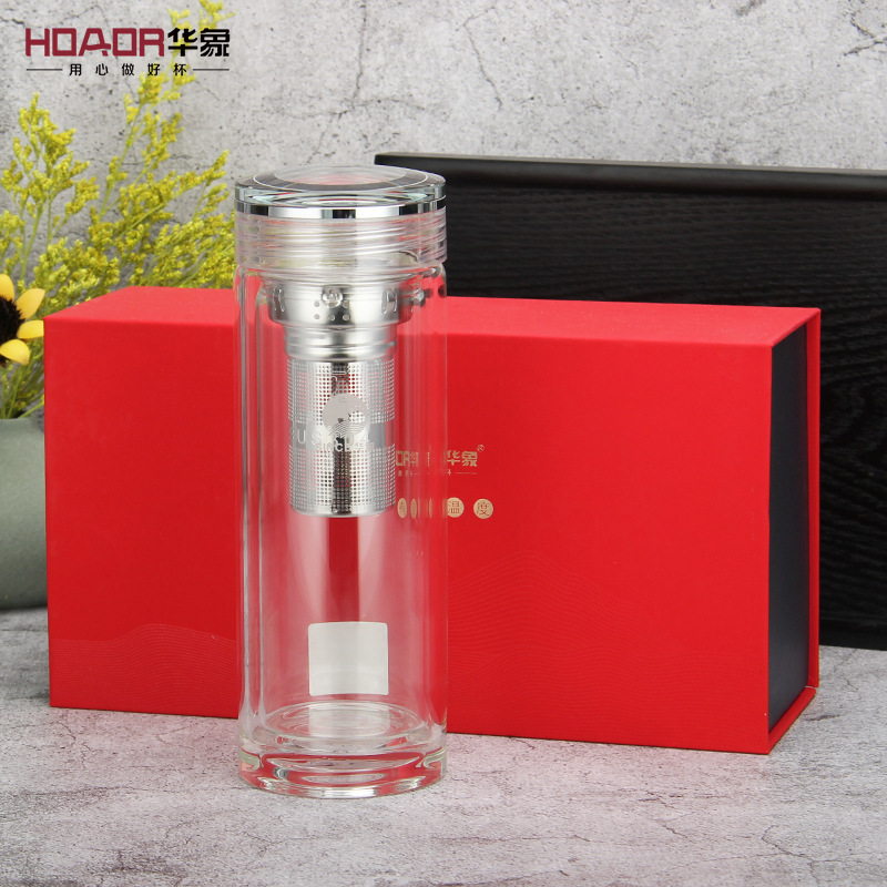 华象406号双层水晶玻璃杯过滤办公泡茶杯便携隔热水杯批发刷logo