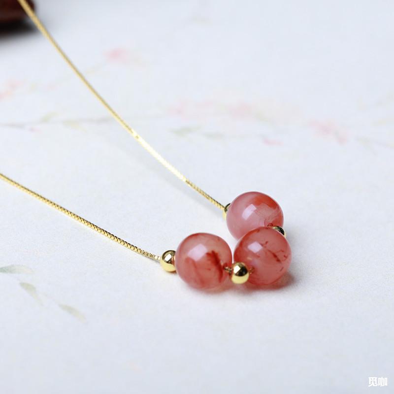 南红冰飘锁骨链苹果珠老型珠吊坠s925银链女生大气时尚项链项饰品