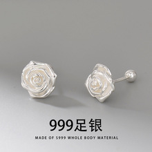 耳钉女S999银玫瑰花耳骨钉小众设计感养耳洞拧螺丝睡觉不用摘耳饰