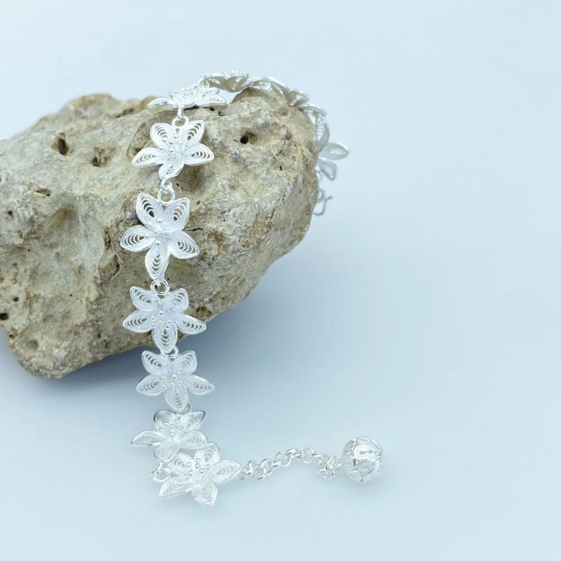 百合花花朵苗族银饰拉丝工艺复古风民族风汉服旗袍古风 手链配饰