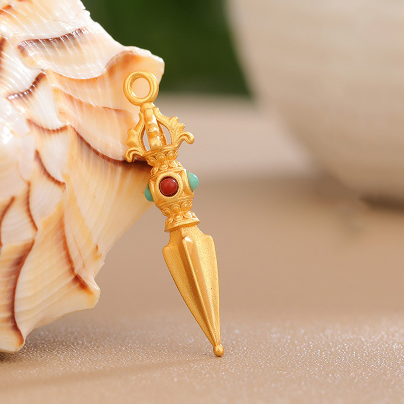 s925银镀金藏式金刚杵项链吊坠民族风迷你彩珠串珠手链配饰小挂件