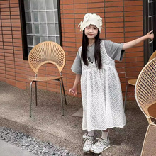 韩国女童装儿童中大童夏季短袖+蕾丝连衣裙套装潮