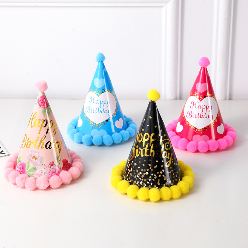 New Korean Style Bronzing Birthday Fluffy Ball Cap 20cm Children's Party Hat Party Decoration Tricorne Pom Hat