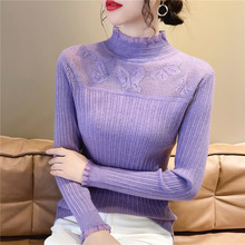 实拍2023秋冬新款韩版女装纯色蕾丝拼接套头针织打底衫半高领毛衣