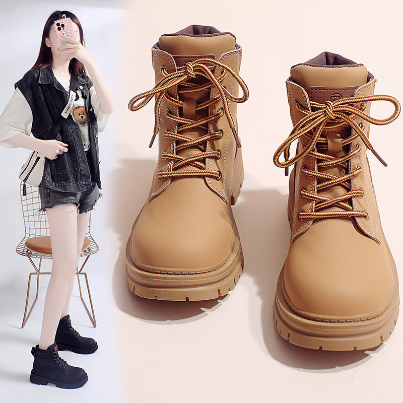 2023新款秋季大头工装靴机车大黄靴马丁靴女厚底英伦风炸街小短靴