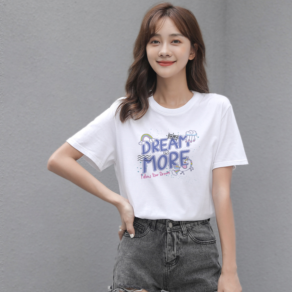 纯棉夏装2022年新款圆领短袖t恤女装宽松半袖女士上衣衣一件代发