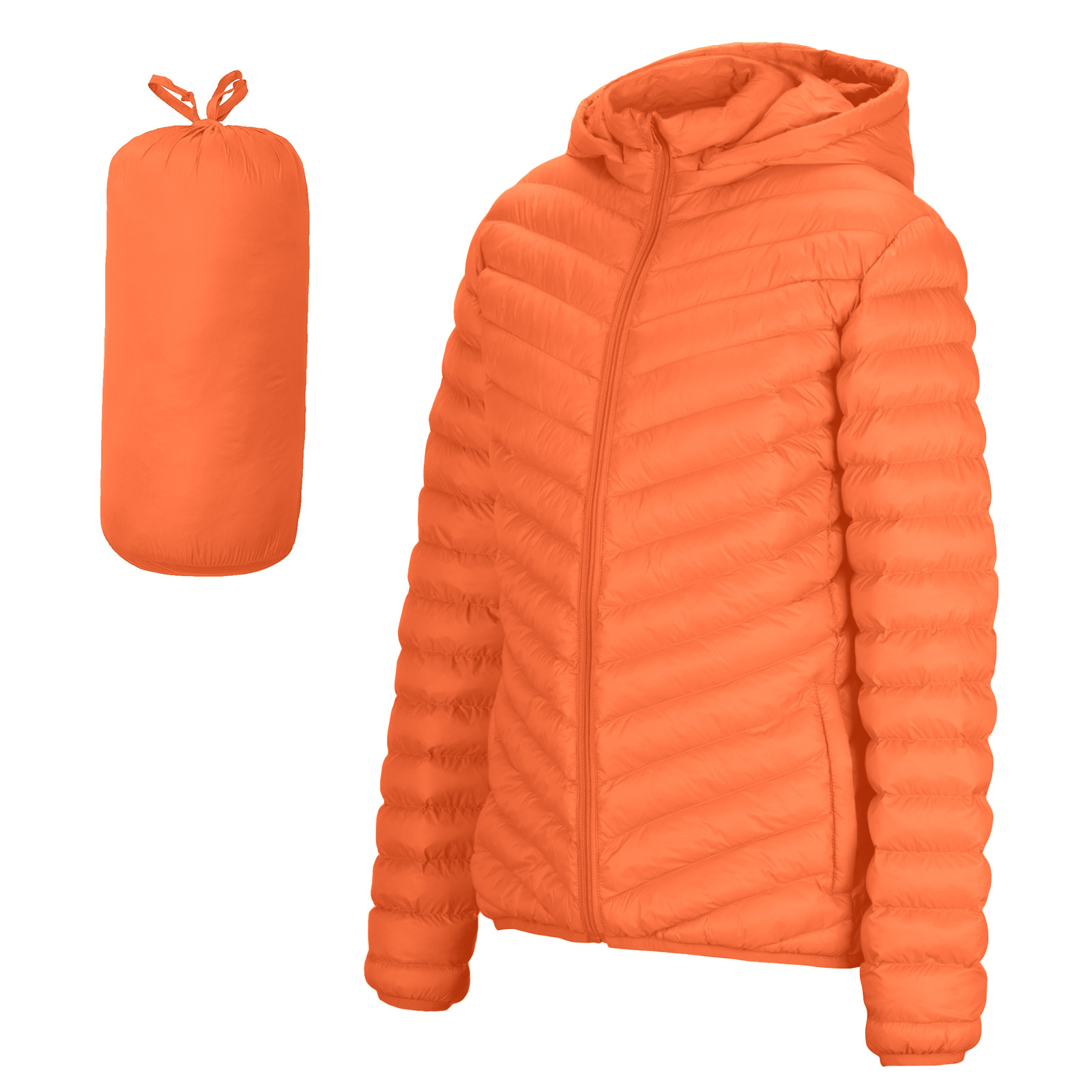 亚马逊爆款女士轻质带帽横纹橙色羽绒服