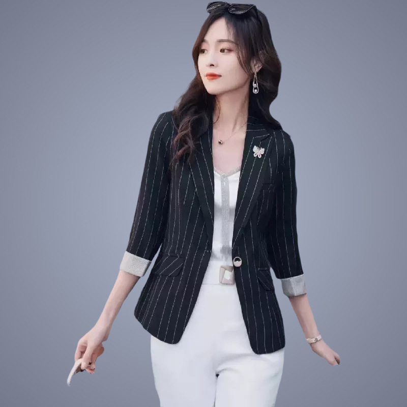 商场同款 休闲韩板小西服女 百搭显瘦七分袖袖口撞色条纹女款西装