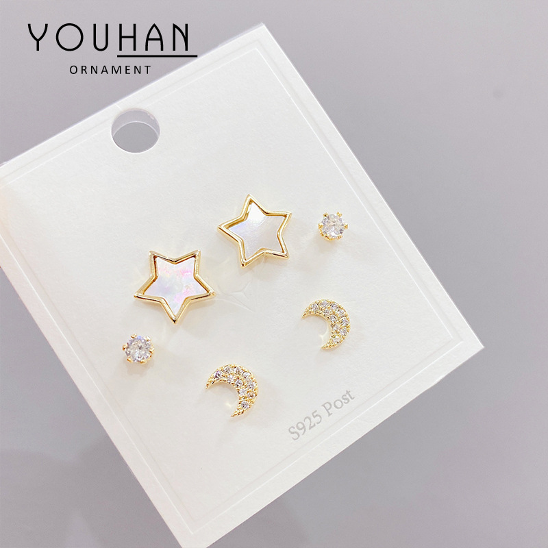 Sterling Silver Needle Micro Inlaid Zircon Moon Three-Piece Earrings Small Personality One Card Three Pairs Combination Earrings Earrings for Women