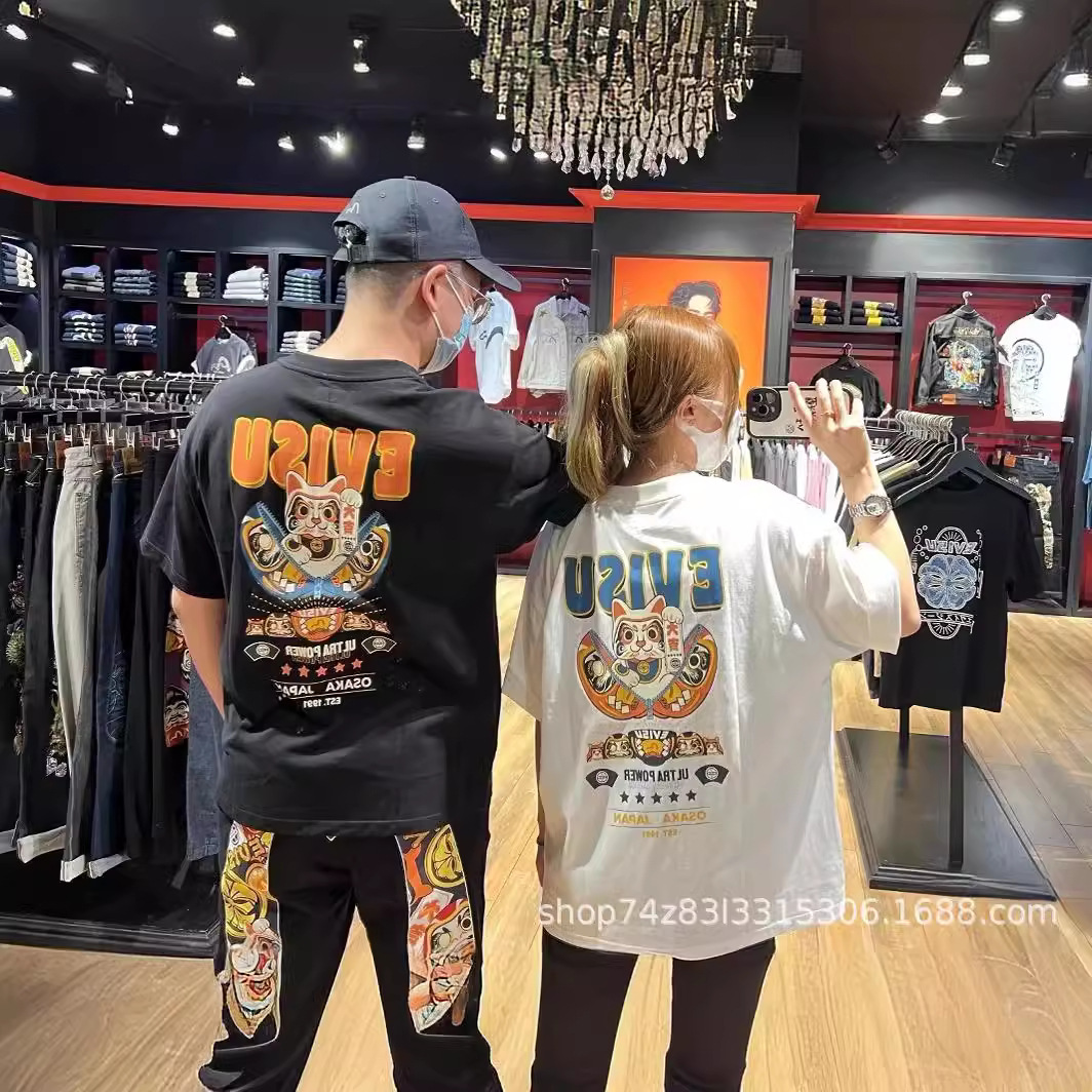 一件代发 福神2024夏季新款招财猫印花绣边休闲宽松情侣款 短袖