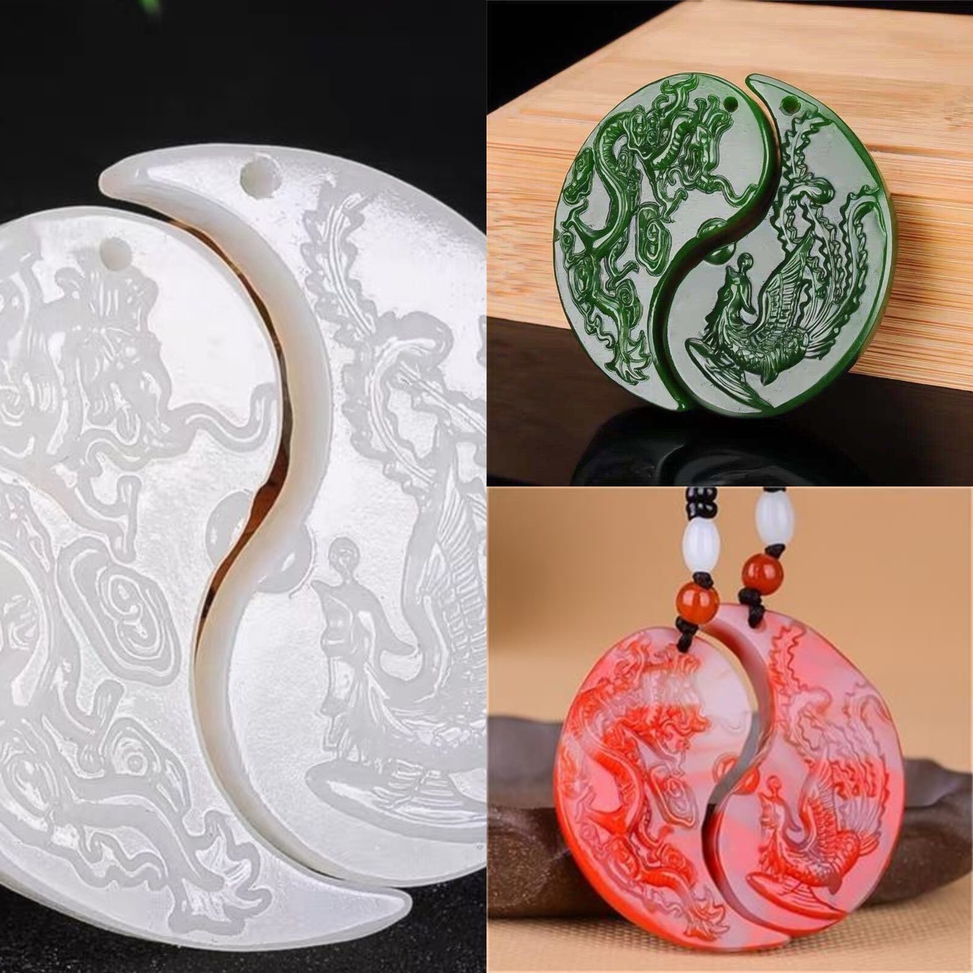 和田羊脂白玉龙凤对玉牌情侣款鸡血玉龙凤呈祥吊坠外蒙料玉石挂件