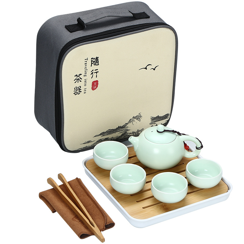 Factory Ceramic Matte Travel Tea Set Cultural and Creative Portable One Pot Four Cups Business Office Gift Logo Printing
