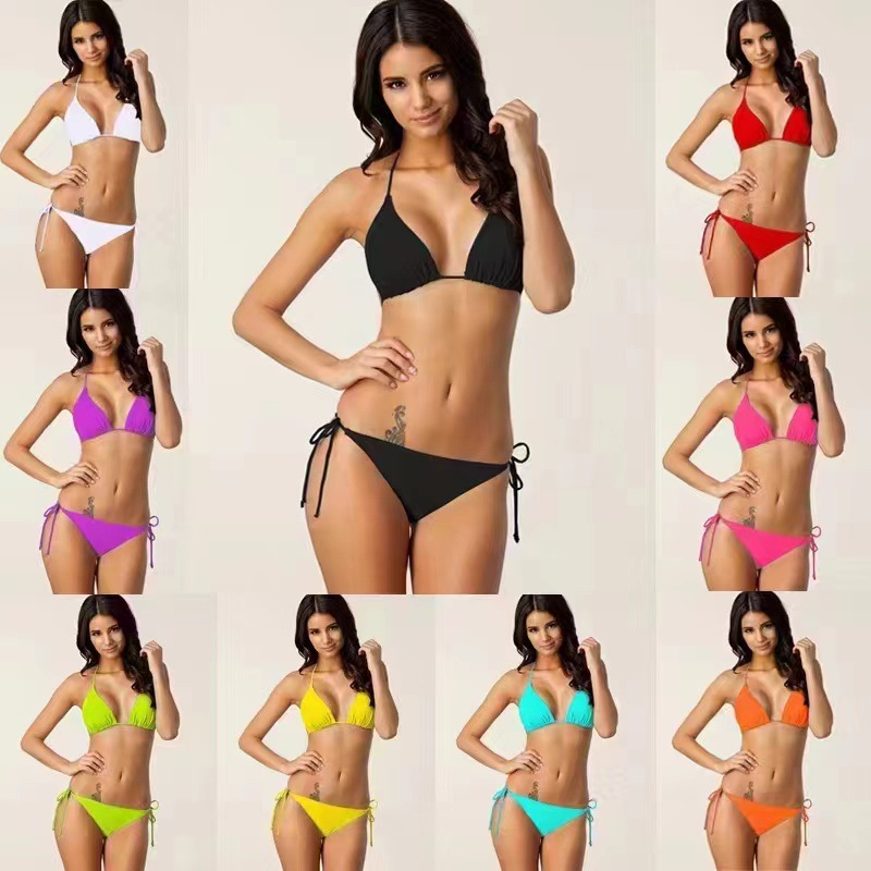 厂家24欧美爆款九色比基尼 纯色性感亚马逊分体泳衣 跨境现货批发