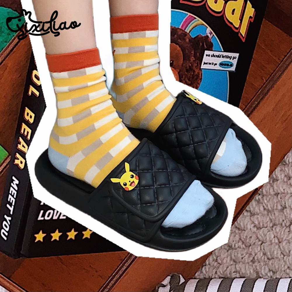 网红宝可梦皮卡丘菱格eva一字凉拖夏创意个性外穿鞋软