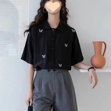 夏季黑色短袖上衣复古港风设计感衬衣法式小个子薄款衬衫女春