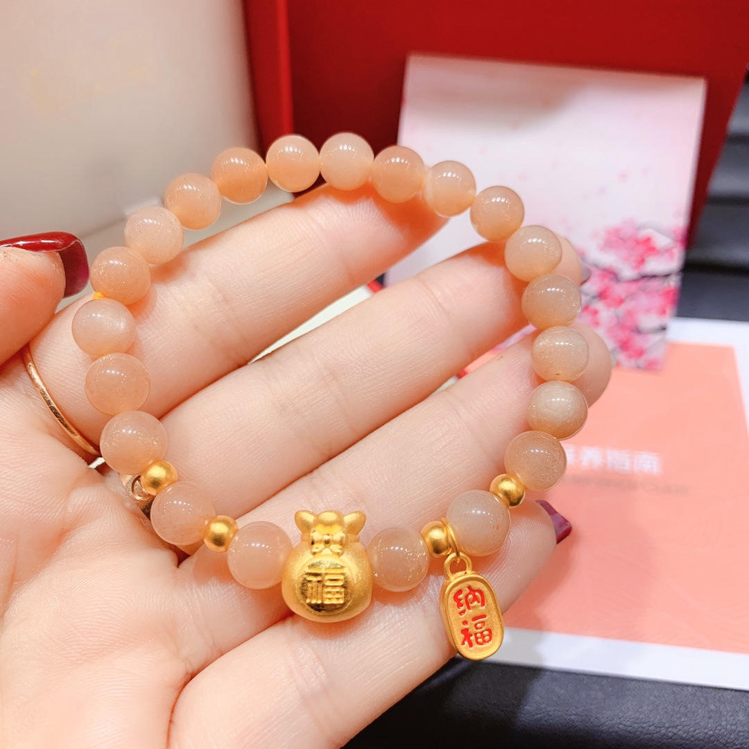 999足金福袋招财纳福太阳石手链 黄金手串女天然水晶送女友礼物