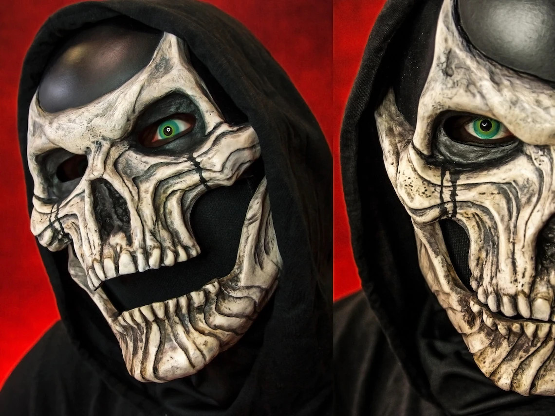 跨境万圣节新品全头骷髅面具下颚嘴巴可动搞怪颅骨面罩恐怖头套