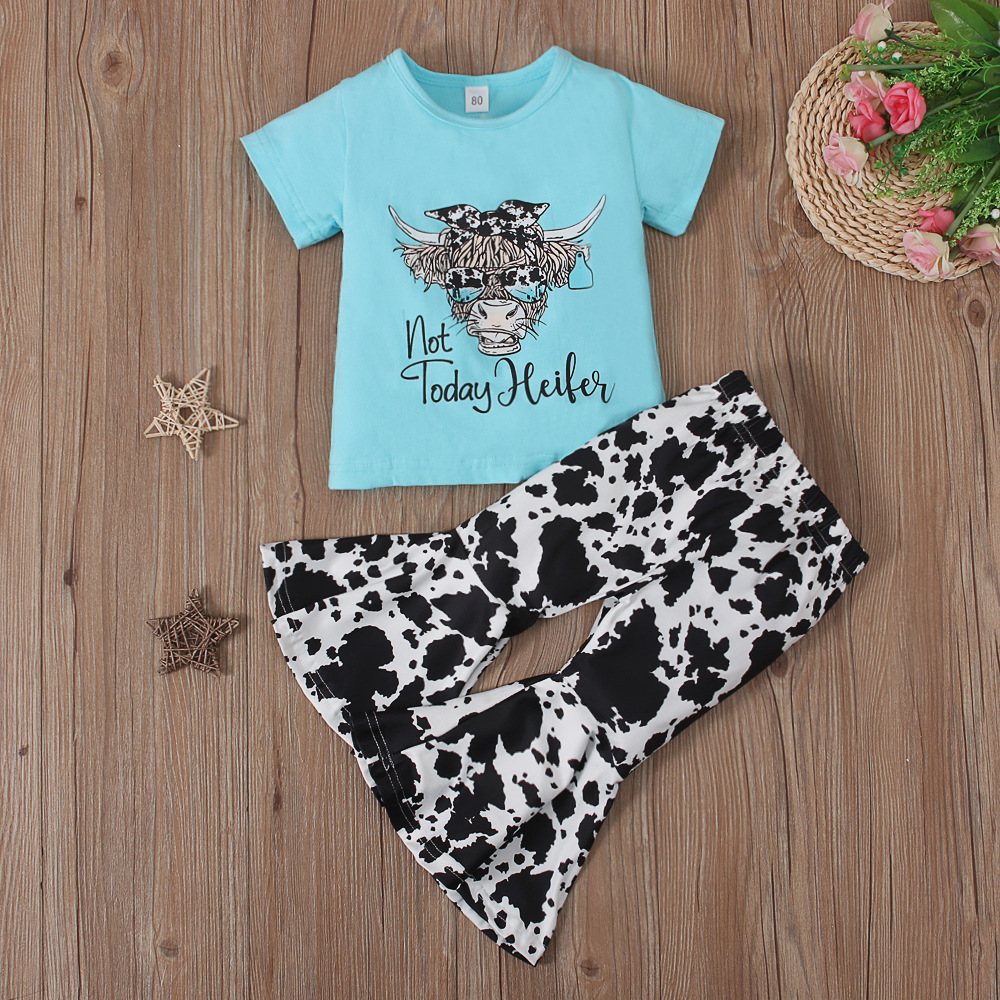 女儿童欧美夏季牛头图案短袖上衣 豹纹喇叭长裤子两件套童装ins