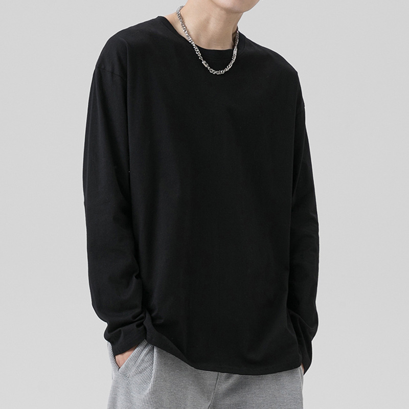 2023新款男士长袖港风t恤纯色白黑秋衣上衣男体桖秋季内搭打底衫