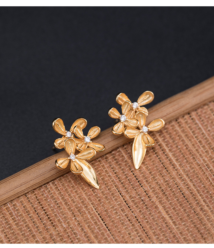 素十八s925银锆石桂花耳环女复古气质汉服旗袍耳钉女复古国风耳饰