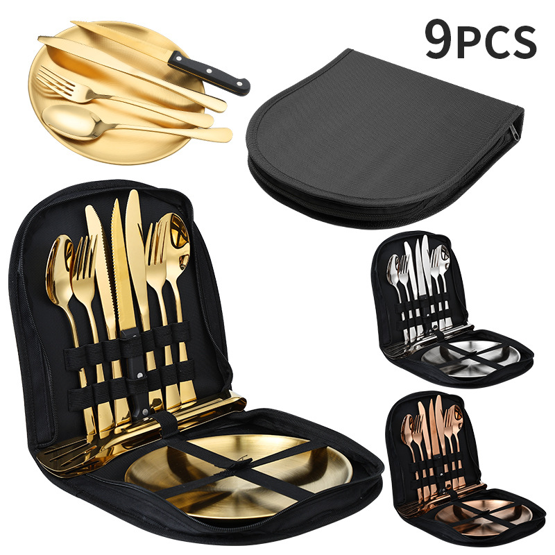 amazon outdoor stainless steel tableware set camping barbecue plate steak knife portable tableware gift box