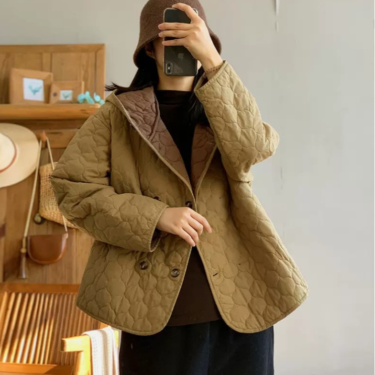 复古几何图形连帽棉服上衣女冬新款宽松棉衣外套休闲短款棉袄-阿里巴