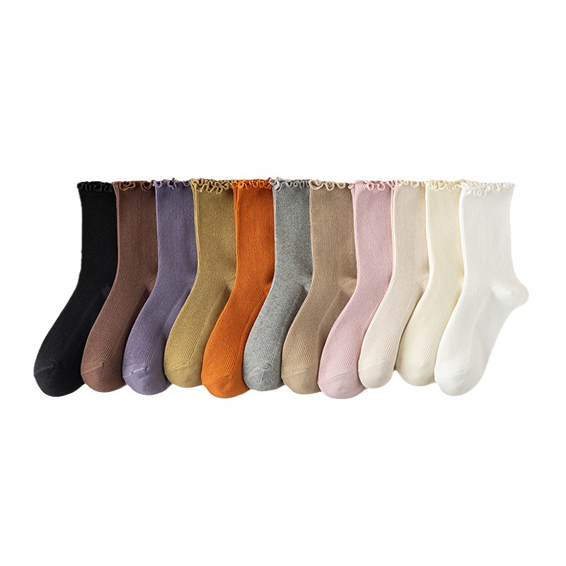 Women's Wooden Ear Socks Autumn and Winter Mid-Calf Length Socks Japanese Style Loose Socks Pure Cotton Socks Women's Confinement Cute Lace Women's Socks